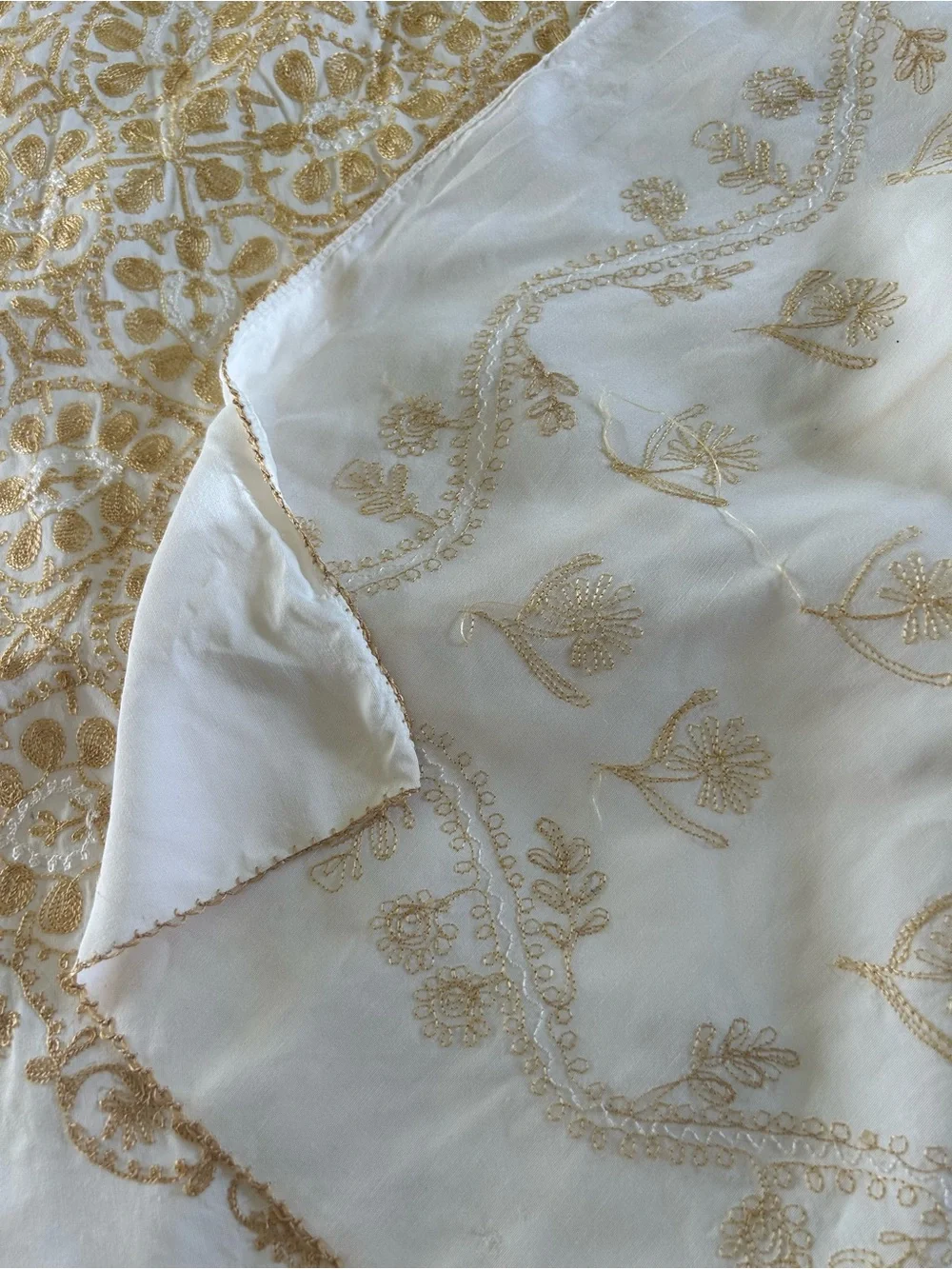 Machine -Embroidered Cream Tablecloth or Shawl with Gold Floral Motif 36 in sq
